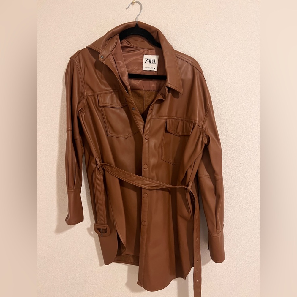 Zara Brown Faux Leather Shirt Jacket with Belt